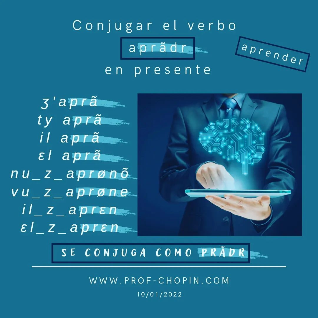 Conjugar el verbo aprãdr (aprender) en presente.
Se conjuga como prãdr.  Aprende francés con el Prof Chopin.  #profchopin #apprendre #aprender #prendre #conjugarenfrances